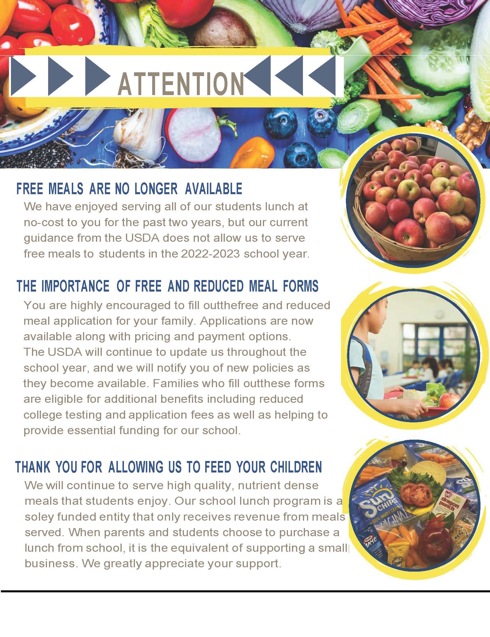Notice to parents about meals for the 2022-2023 school year