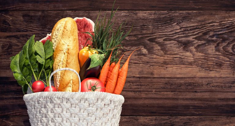 White basket full of groceries and vegetables on wood background 3D Rendering